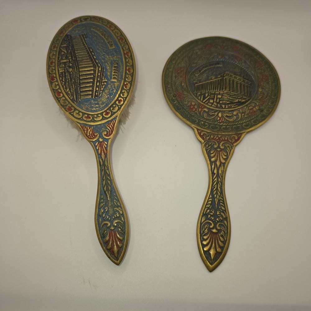 Vintage Brass Parthenon‎ Greece Hand Mirror and Hair Brush Vanity Set Ornate